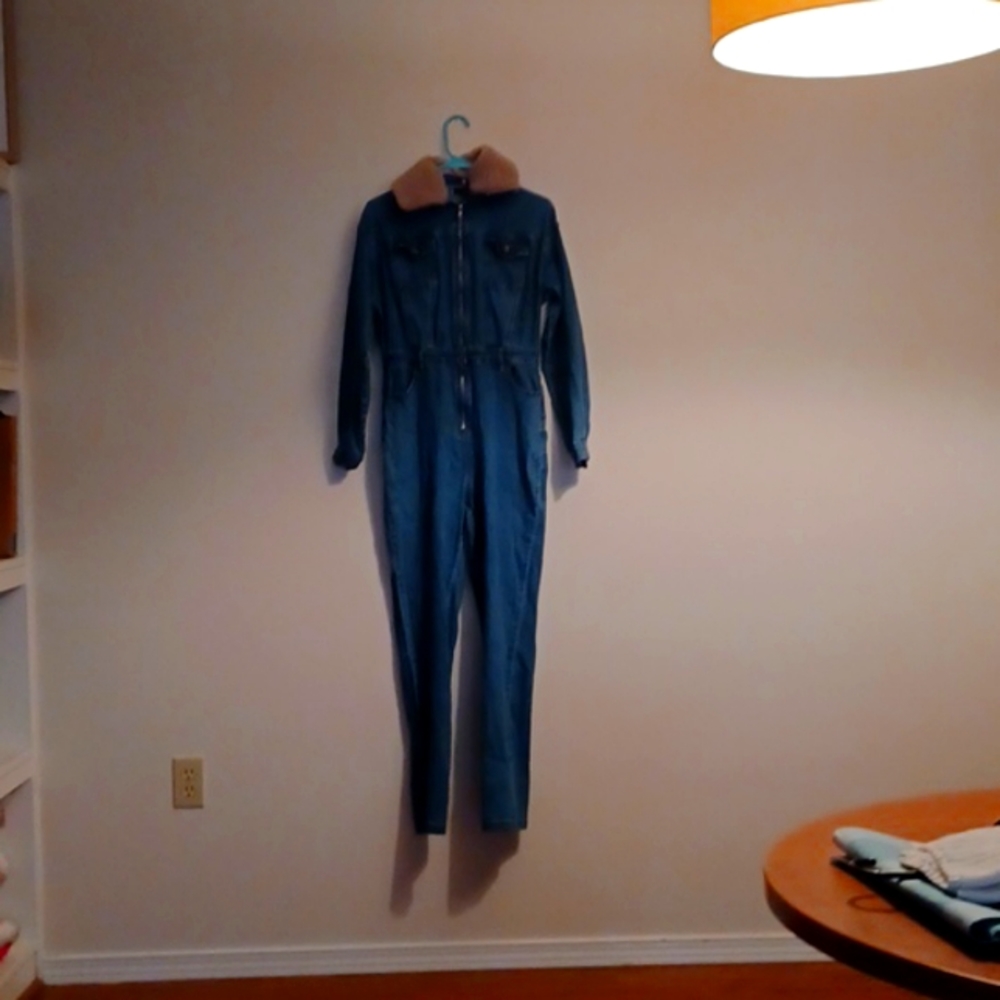 Fashion Nova Sherpa Collar Denim Jumpsuit- XL